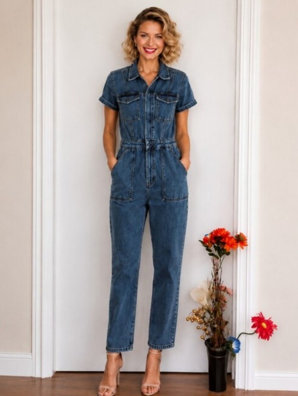 Denim Medium Wash Denim Zip Front Utility Jumpsuit with Six Pockets